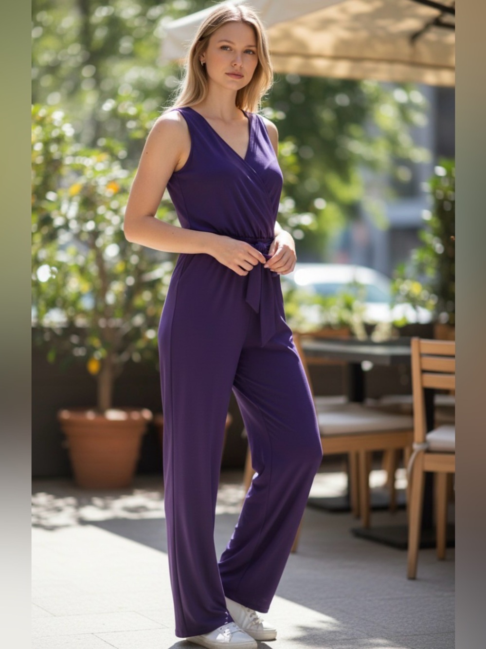 WHBM Sleeveless Purple Faux Wrap Jumpsuit